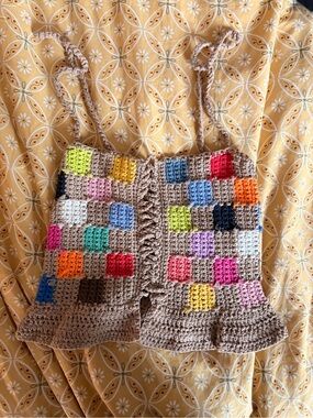 Handmade one of a kind Crochet Beige Patchwork Crop Top with Multicolor Squares